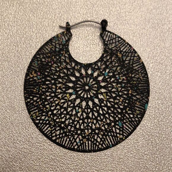 Black Filigree Hoops | Black with Multicolored Flecks | 2” Diameter - Picture 2 of 3